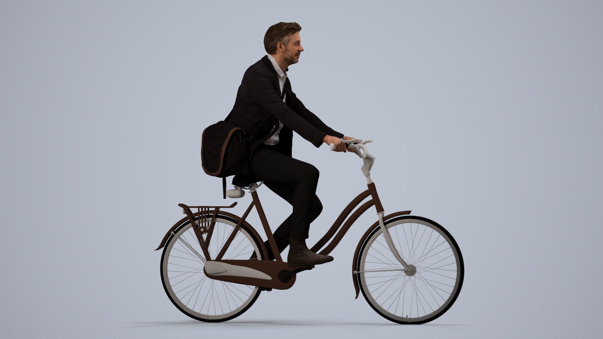 3D human model man business cycling, photogrammetry scanned person for archviz, side view render
