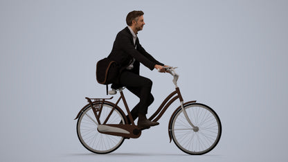 3D human model man business cycling, photogrammetry scanned person for archviz, side view render