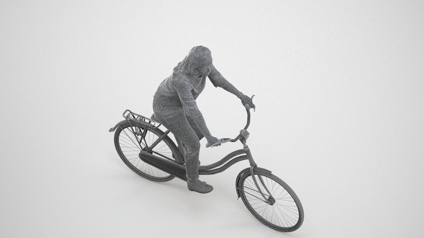 scanned 3D woman casual cycling, photogrammetry people for Enscape and V-Ray, wireframe three-quarter view