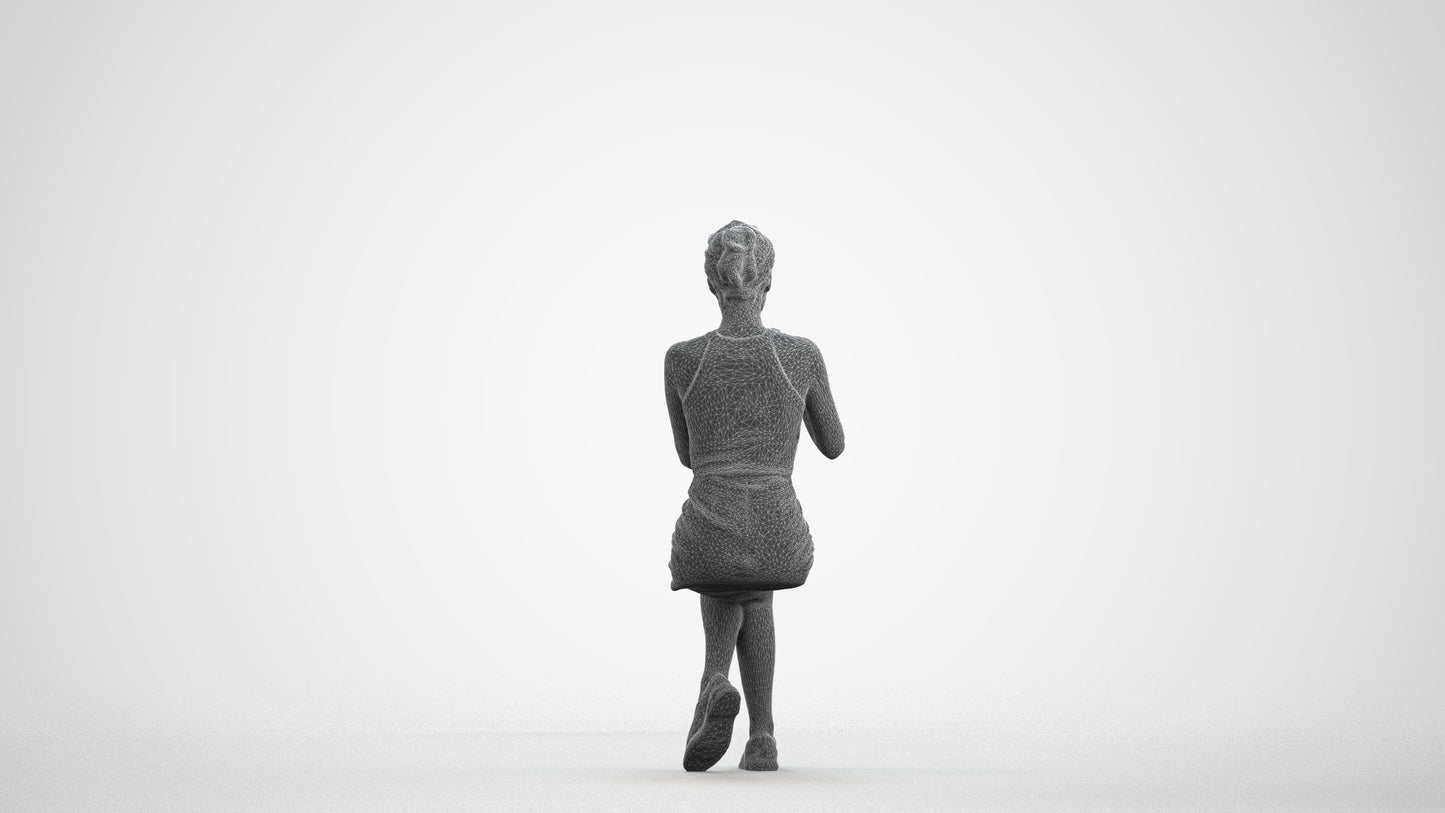 3D human model woman casual sitting, photogrammetry scanned person for archviz, wireframe front view