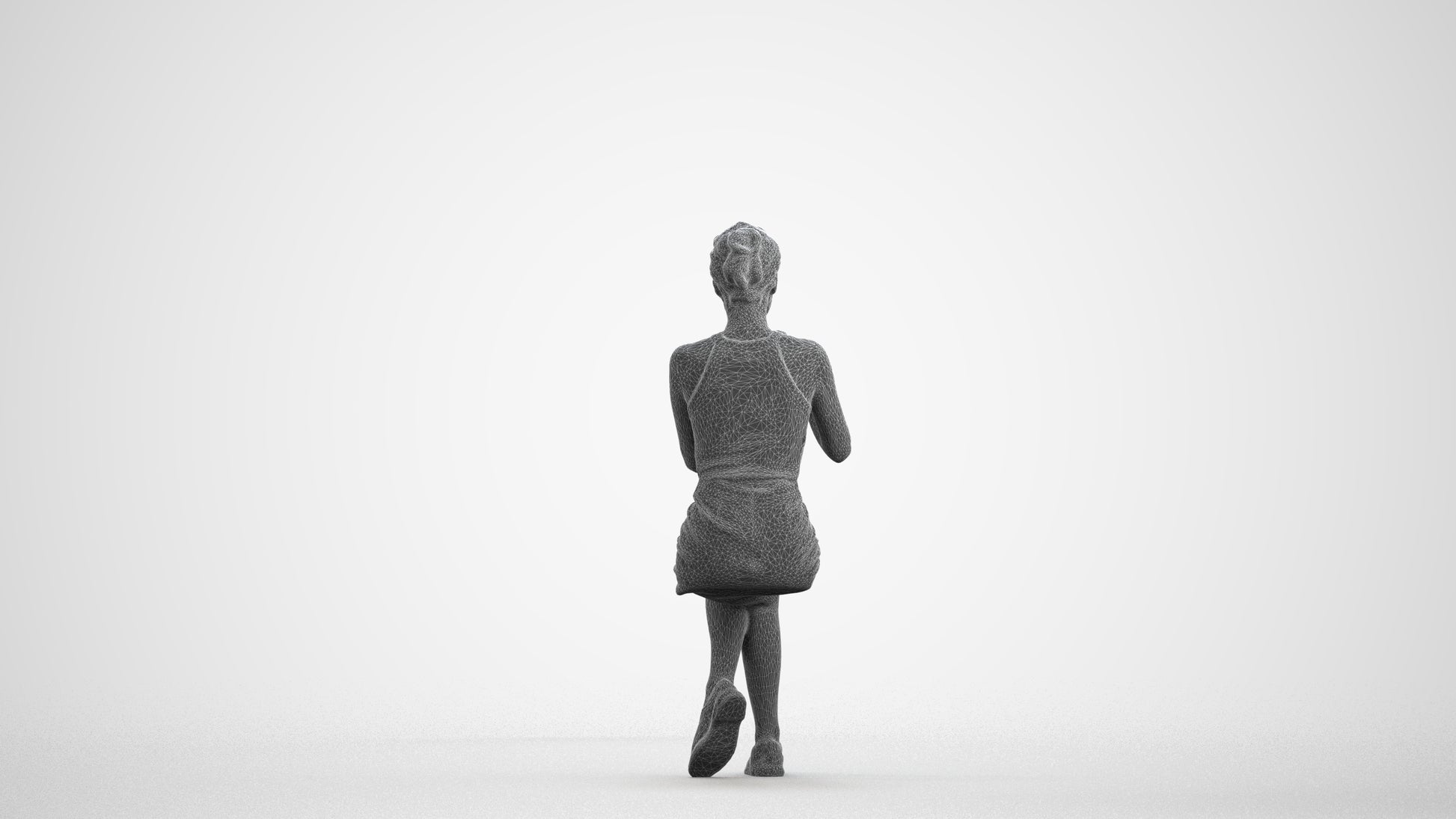 3D human model woman casual sitting, photogrammetry scanned person for archviz, wireframe front view