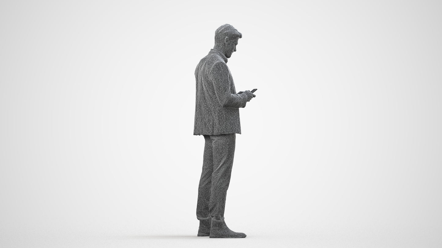 3D people model man business, scanned human for 3ds Max rendering, wireframe side view