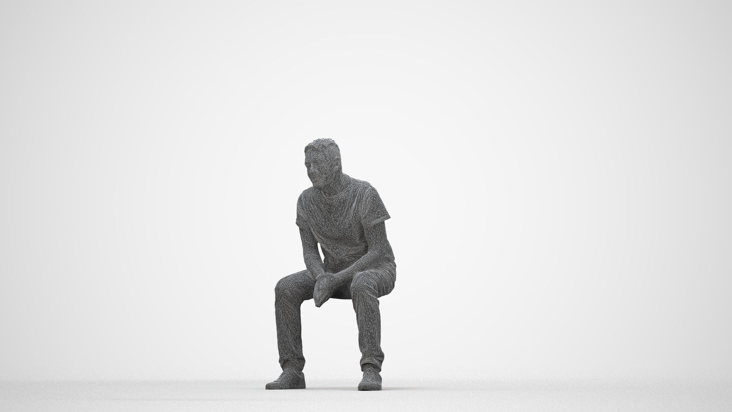 3D scanned senior man sitting casual, photorealistic archviz people for Enscape and SketchUp, wireframe back view