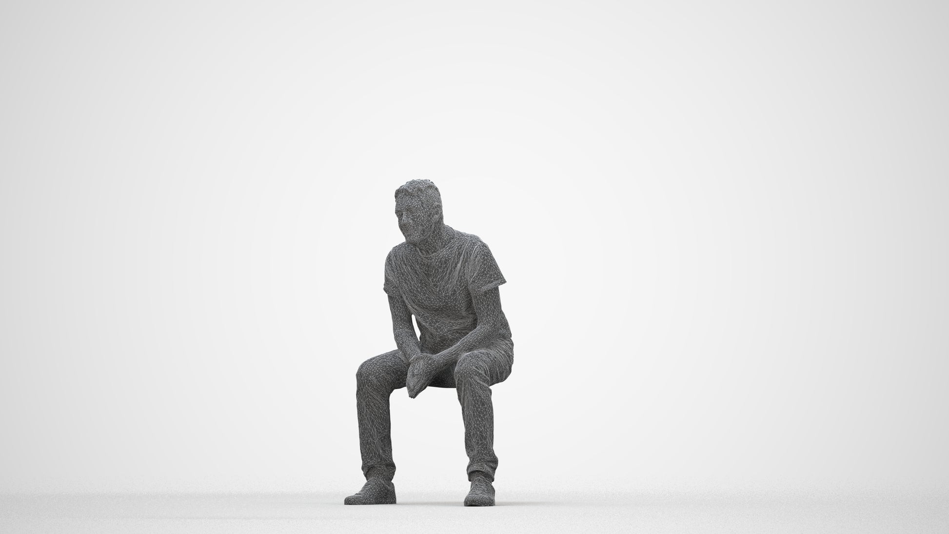 3D scanned senior man sitting casual, photorealistic archviz people for Enscape and SketchUp, wireframe back view