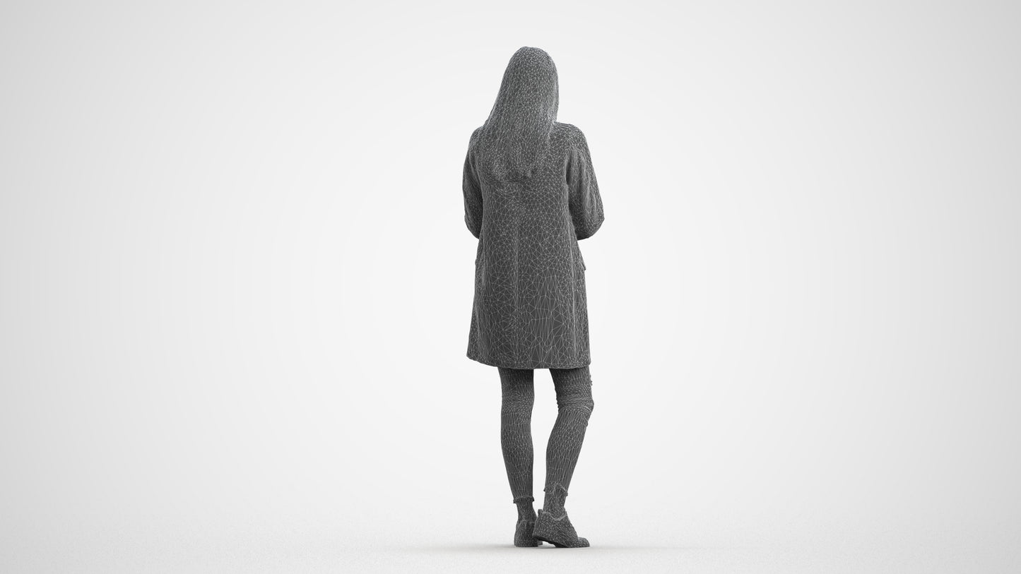photogrammetry 3D woman casual standing, realistic human model archviz FBX, wireframe front view