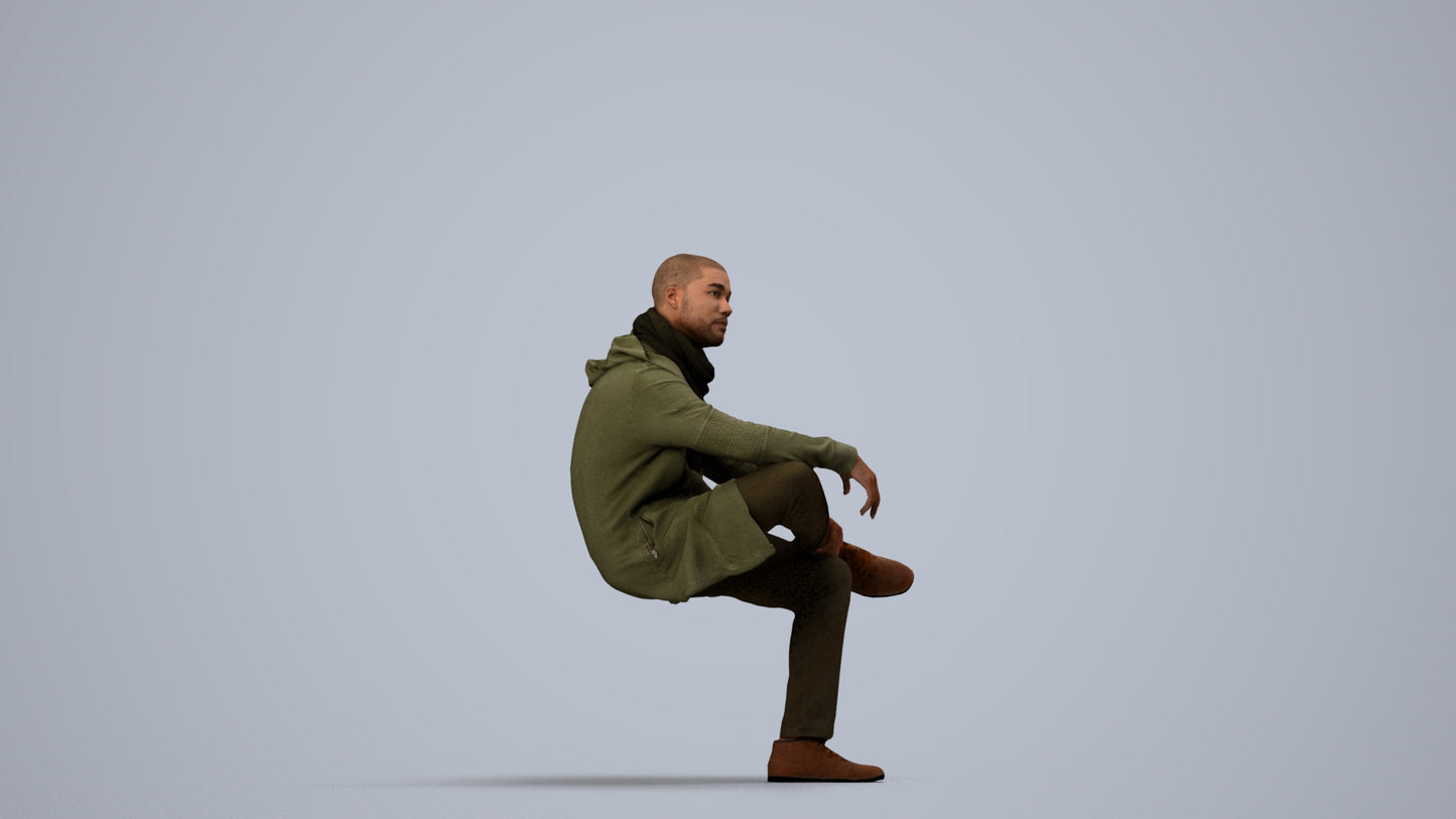 3D people model man casual sitting, scanned human for 3ds Max rendering, side view render