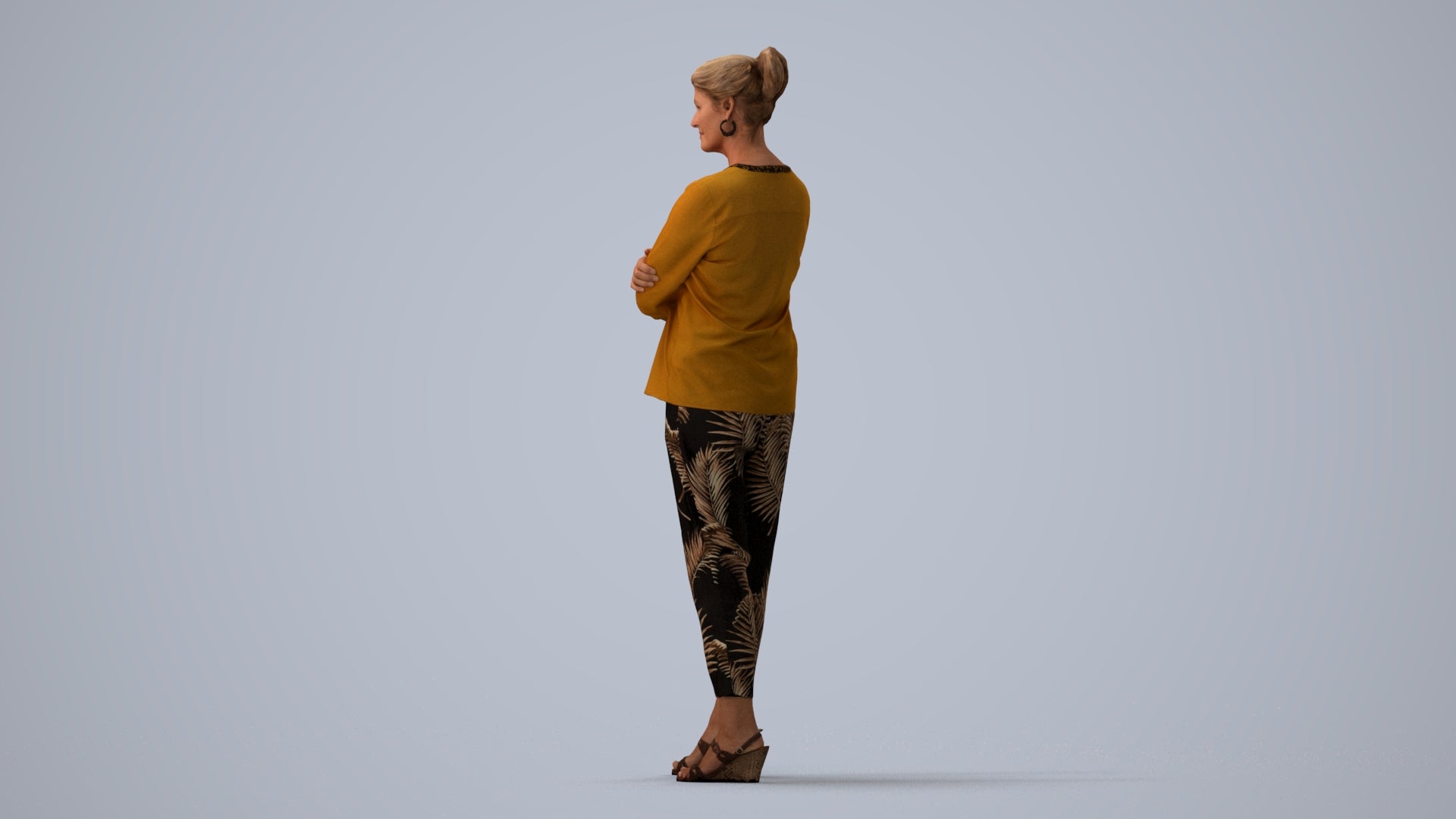 realistic 3D woman casual standing, scanned archviz people for Blender and 3ds Max, three-quarter view render