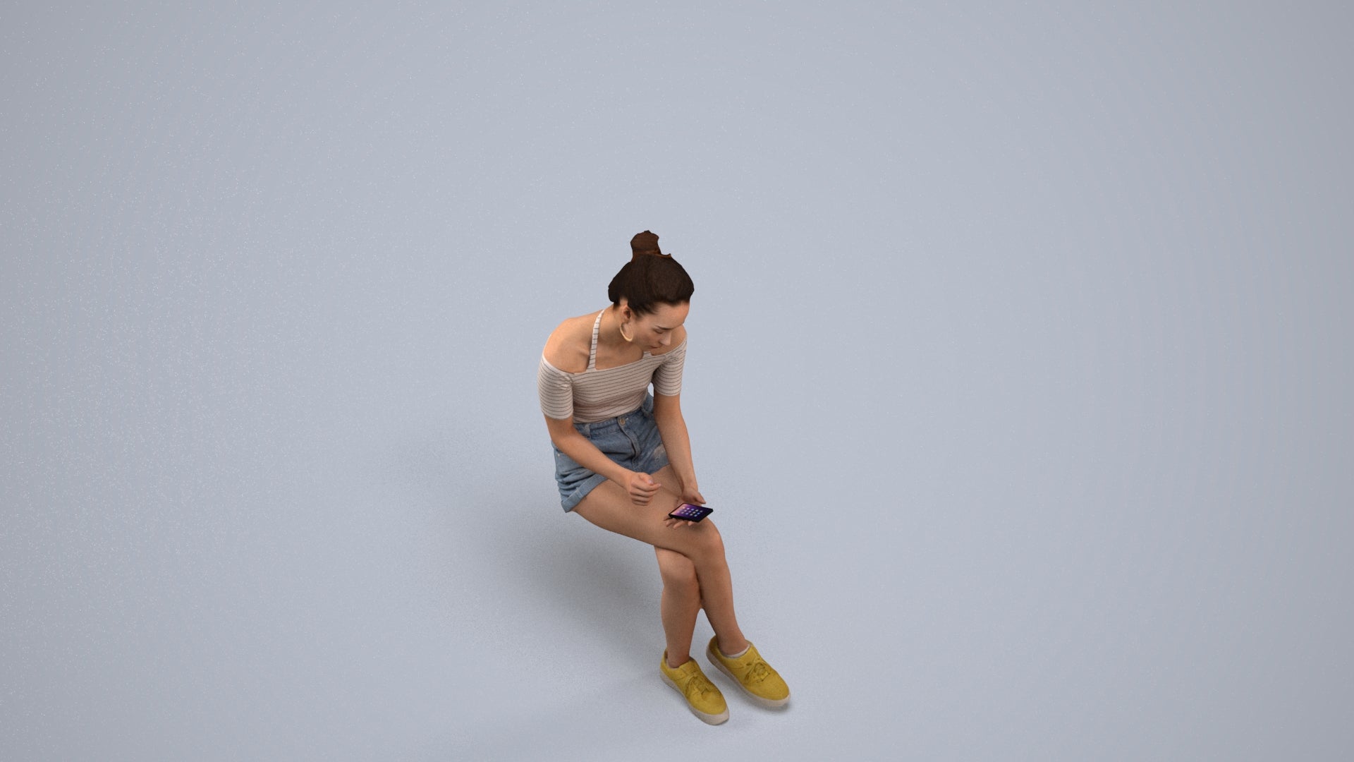 realistic 3D human woman casual sitting, archviz people FBX OBJ for Blender, back view render