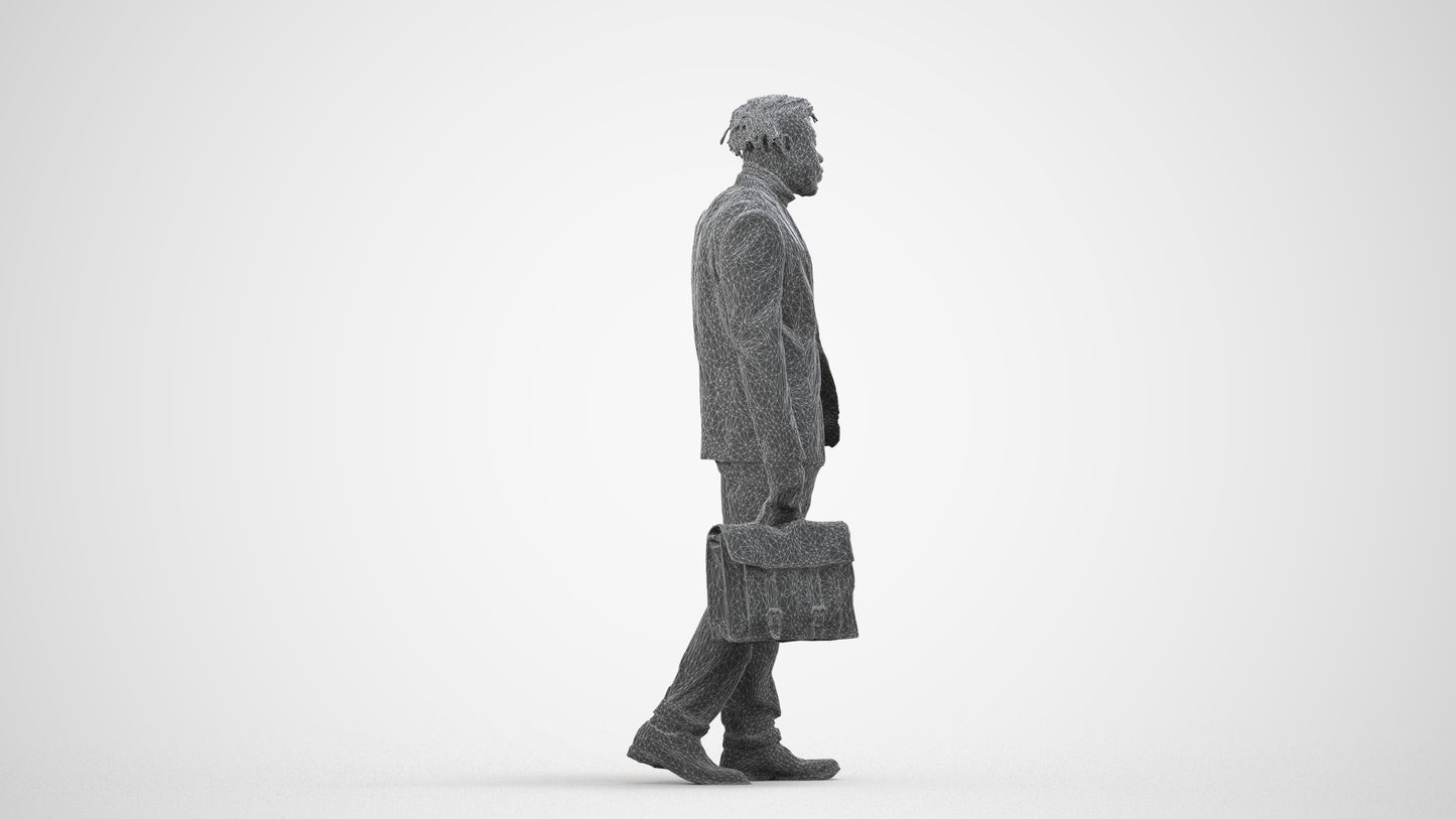 photogrammetry 3D man business walking, realistic human model archviz FBX, wireframe side view