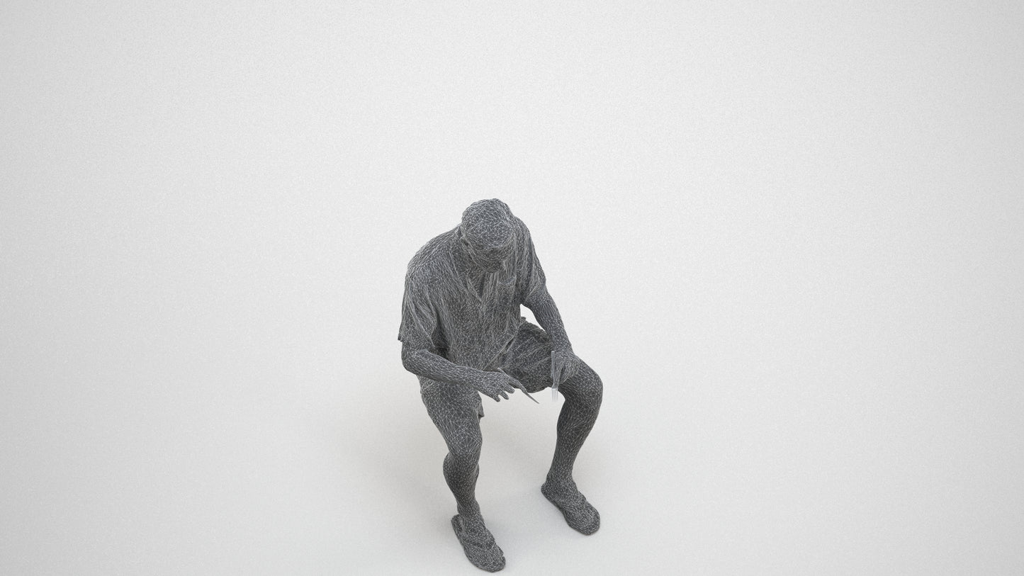 3D human model man casual sitting, photogrammetry scanned person for archviz, wireframe three-quarter view