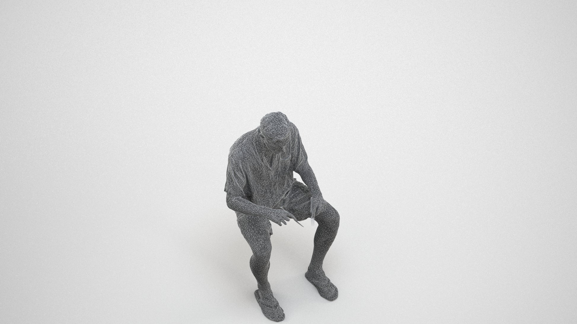 3D human model man casual sitting, photogrammetry scanned person for archviz, wireframe three-quarter view