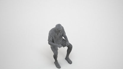 3D human model man casual sitting, photogrammetry scanned person for archviz, wireframe three-quarter view