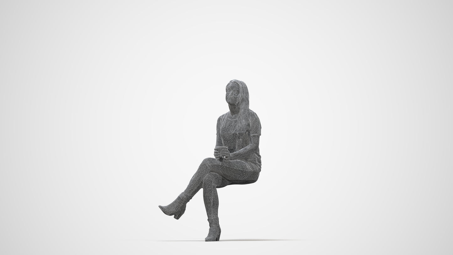 realistic 3D people woman casual sitting, render-ready for V-Ray and Corona, FBX OBJ, wireframe back view