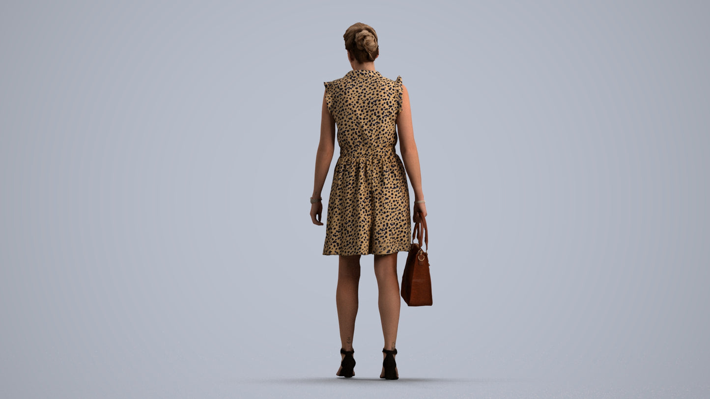 realistic 3D woman casual walking, scanned archviz people for Blender and 3ds Max, front view render