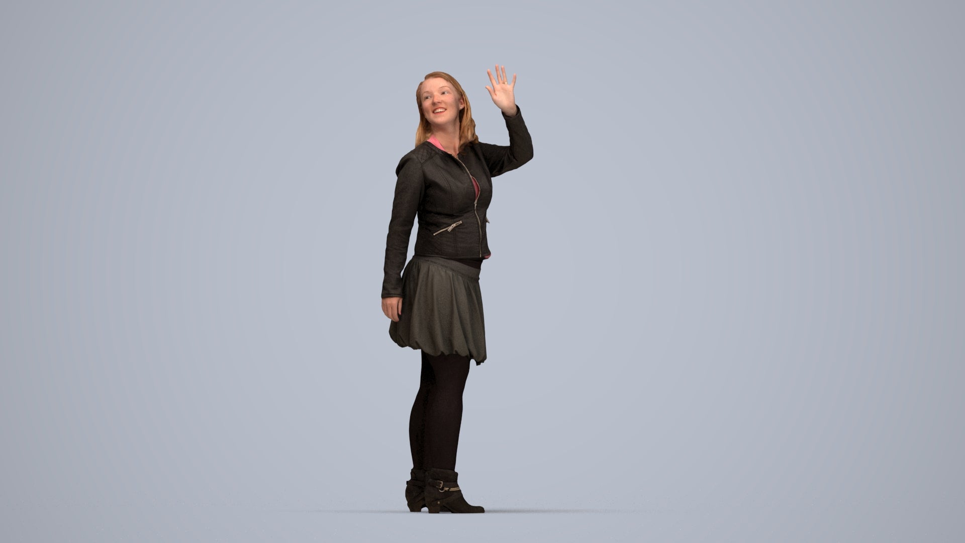 3D human model woman casual standing, photogrammetry scanned person for archviz, top-down view render