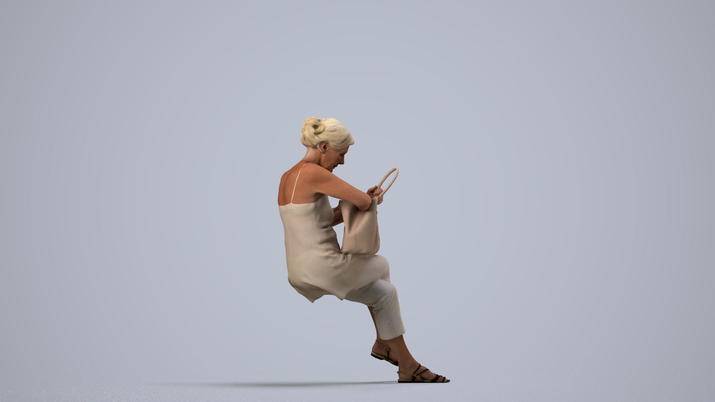 3D scanned senior woman sitting casual, photorealistic archviz people for Enscape and SketchUp, side view render