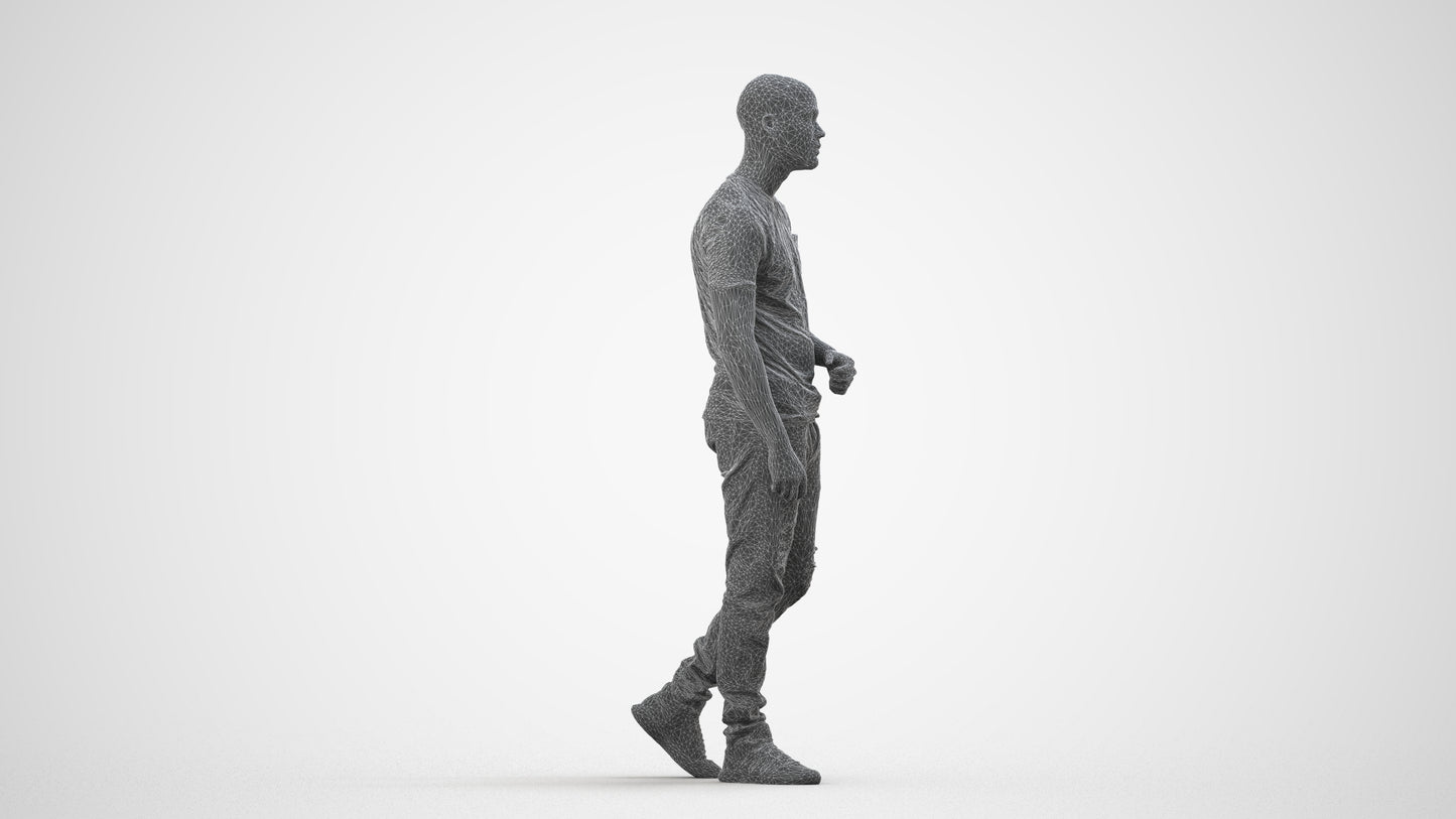 scanned 3D man casual walking, photogrammetry people for Enscape and V-Ray, wireframe side view
