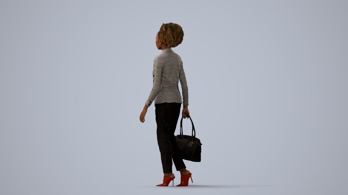 realistic 3D woman business walking, scanned archviz people for Blender and 3ds Max, three-quarter view render