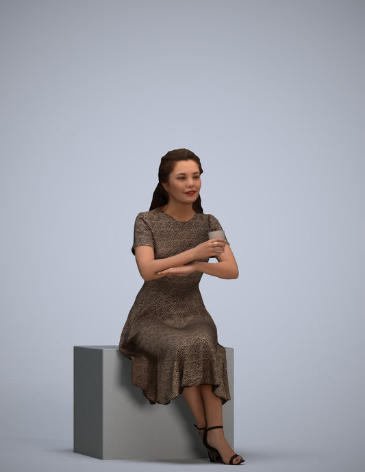 3D human model woman casual sitting, photogrammetry scanned person for archviz