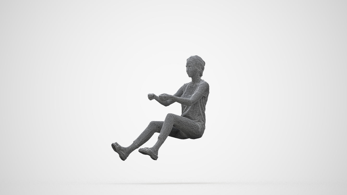 3D human model woman casual driving, photogrammetry scanned person for archviz, wireframe back view