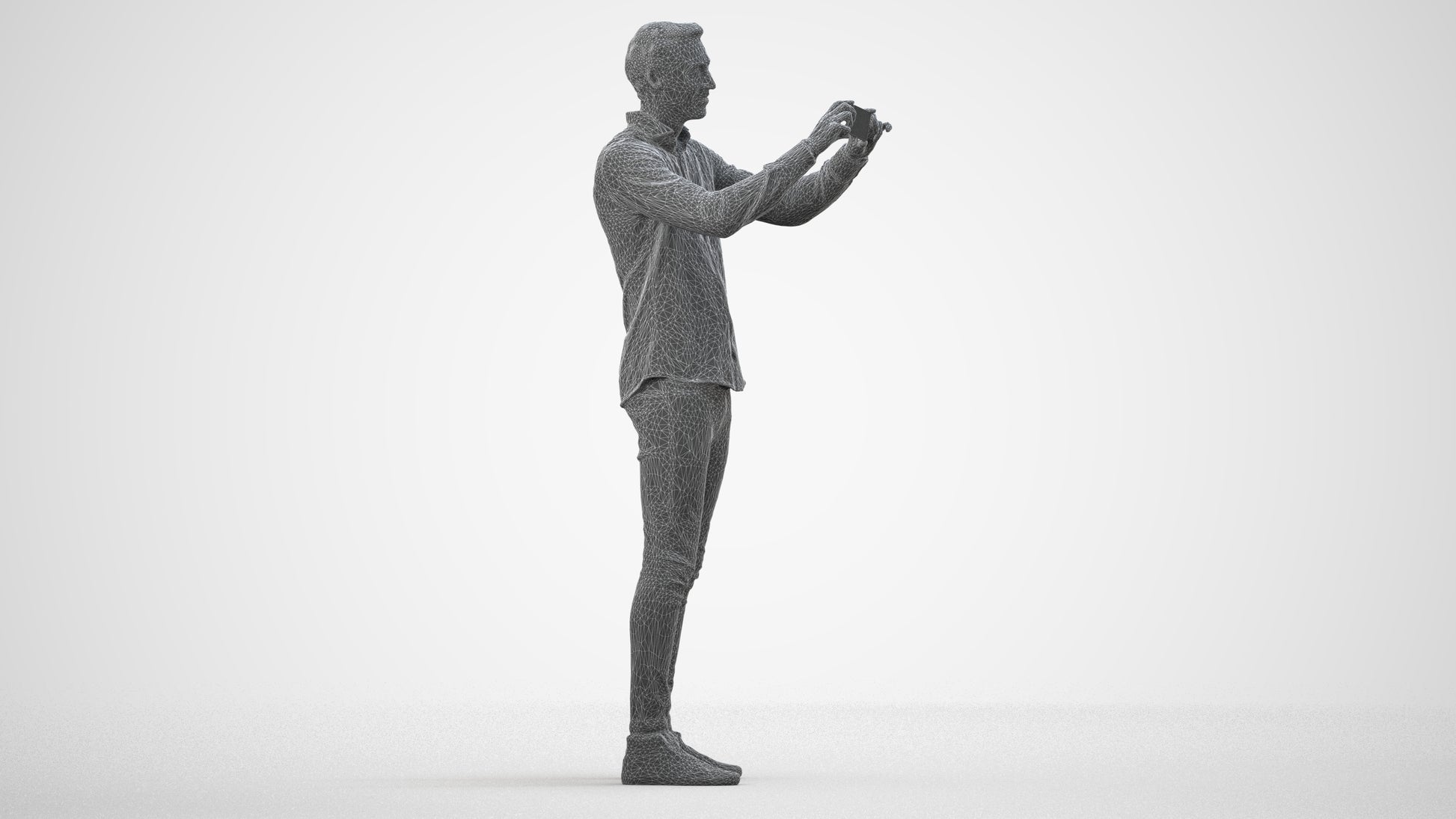 3D human model man casual standing, photogrammetry scanned person for archviz, wireframe side view