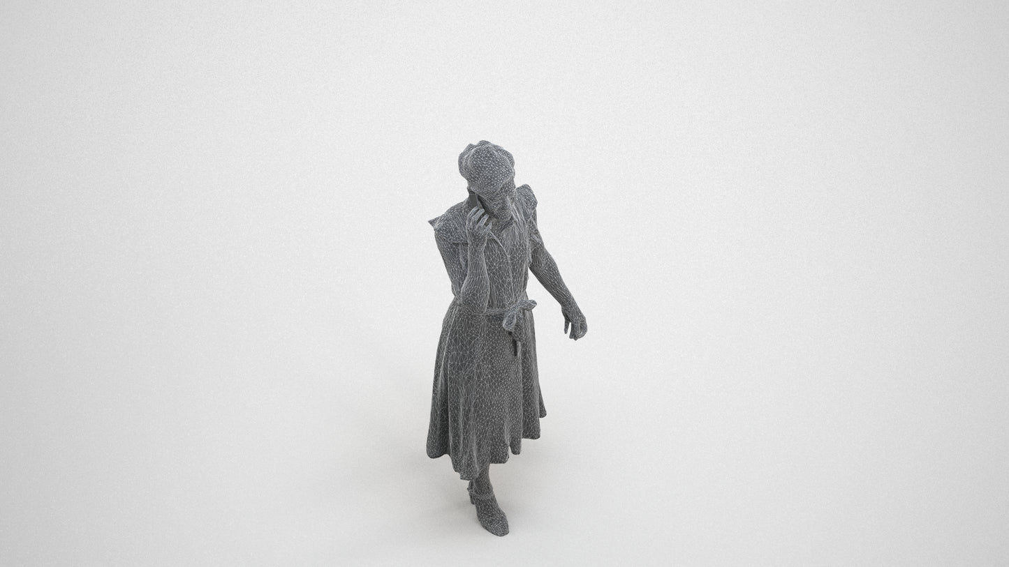 realistic 3D human woman casual walking, archviz people FBX OBJ for Blender, wireframe three-quarter view