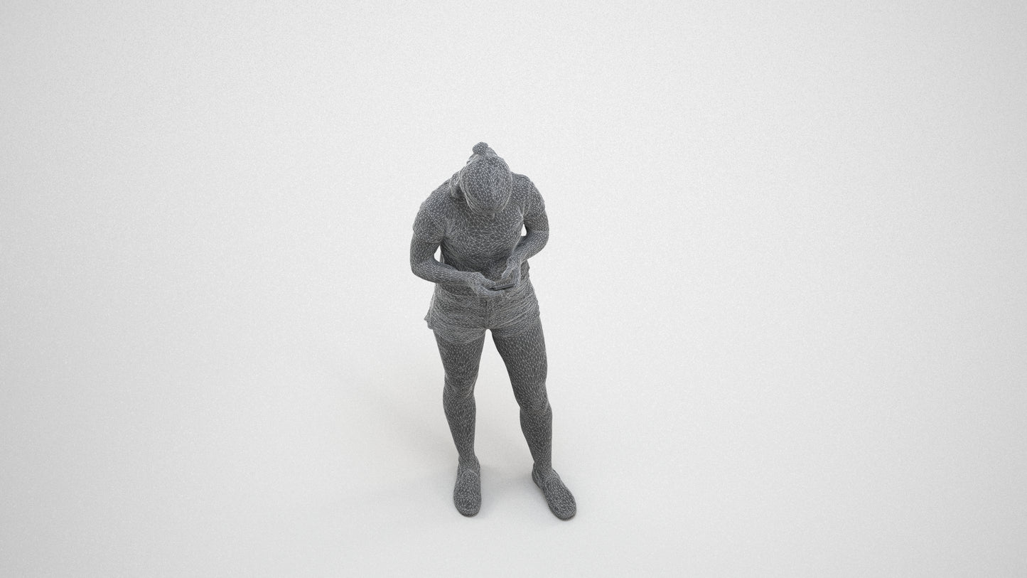 3D people model girl casual standing, scanned human for 3ds Max rendering, wireframe three-quarter view