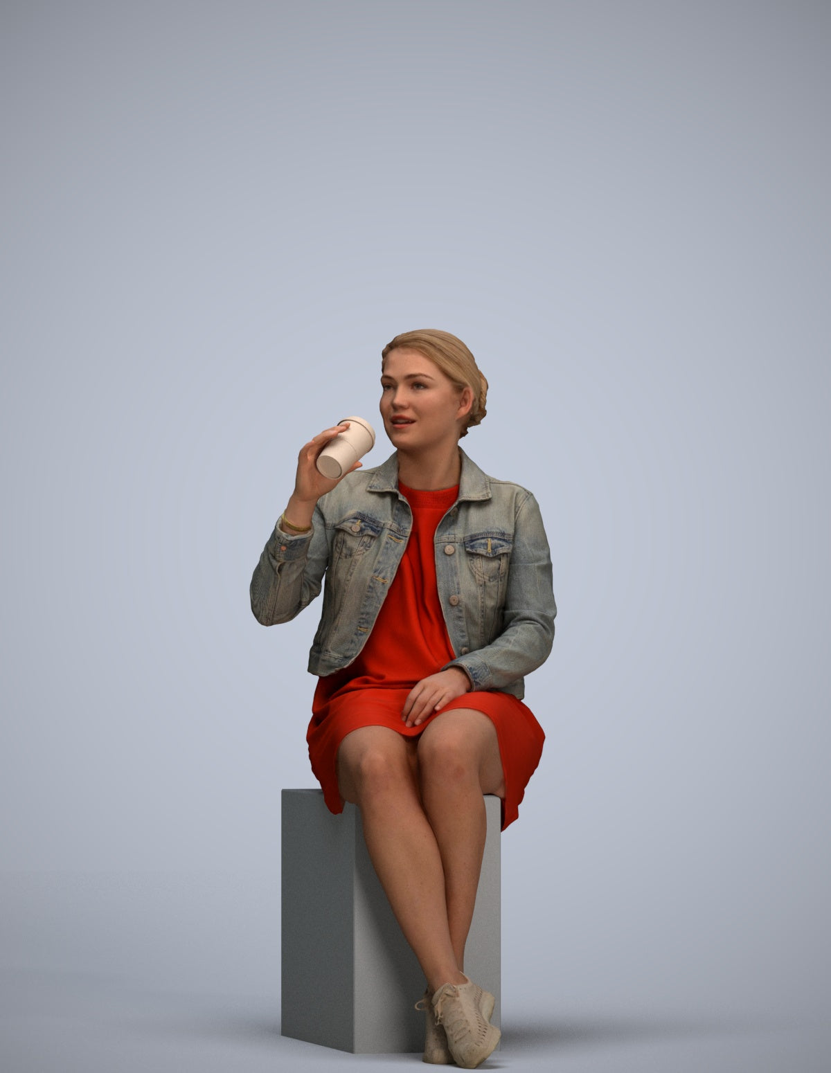 scanned 3D woman casual sitting, photogrammetry people for Enscape and V-Ray