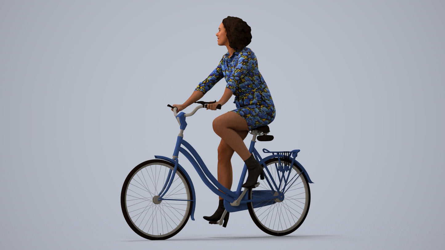 photogrammetry 3D woman casual cycling, realistic human model archviz FBX, three-quarter view render