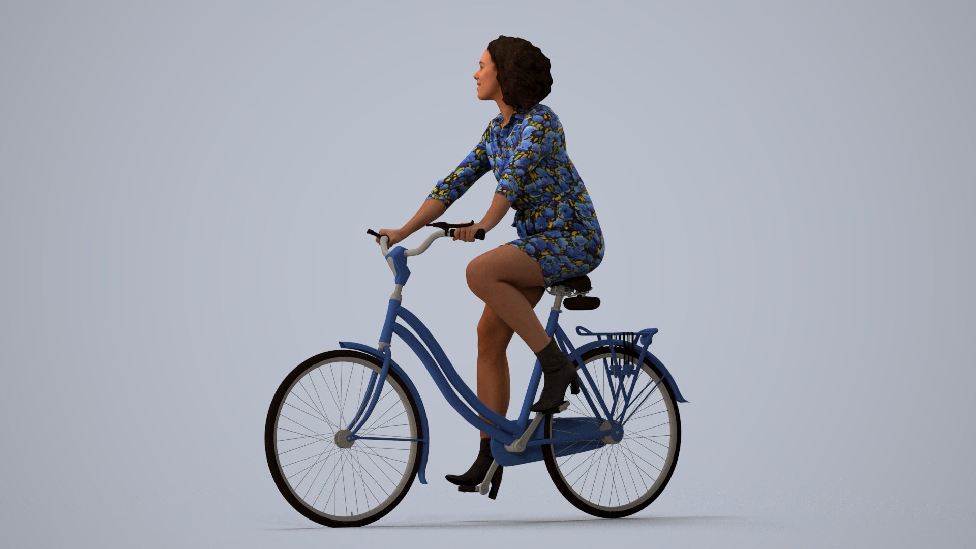 photogrammetry 3D woman casual cycling, realistic human model archviz FBX, three-quarter view render