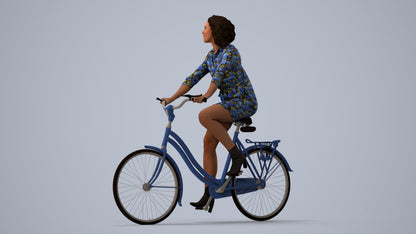 photogrammetry 3D woman casual cycling, realistic human model archviz FBX, three-quarter view render