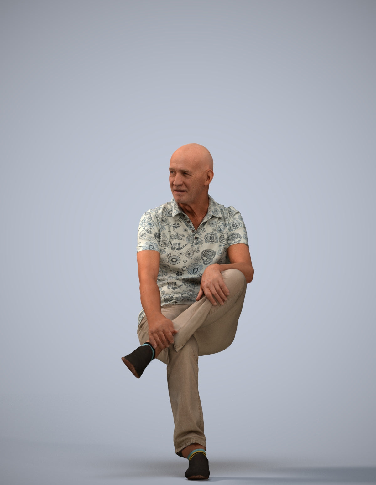 3D scanned senior man sitting casual, photorealistic archviz people for Enscape and SketchUp