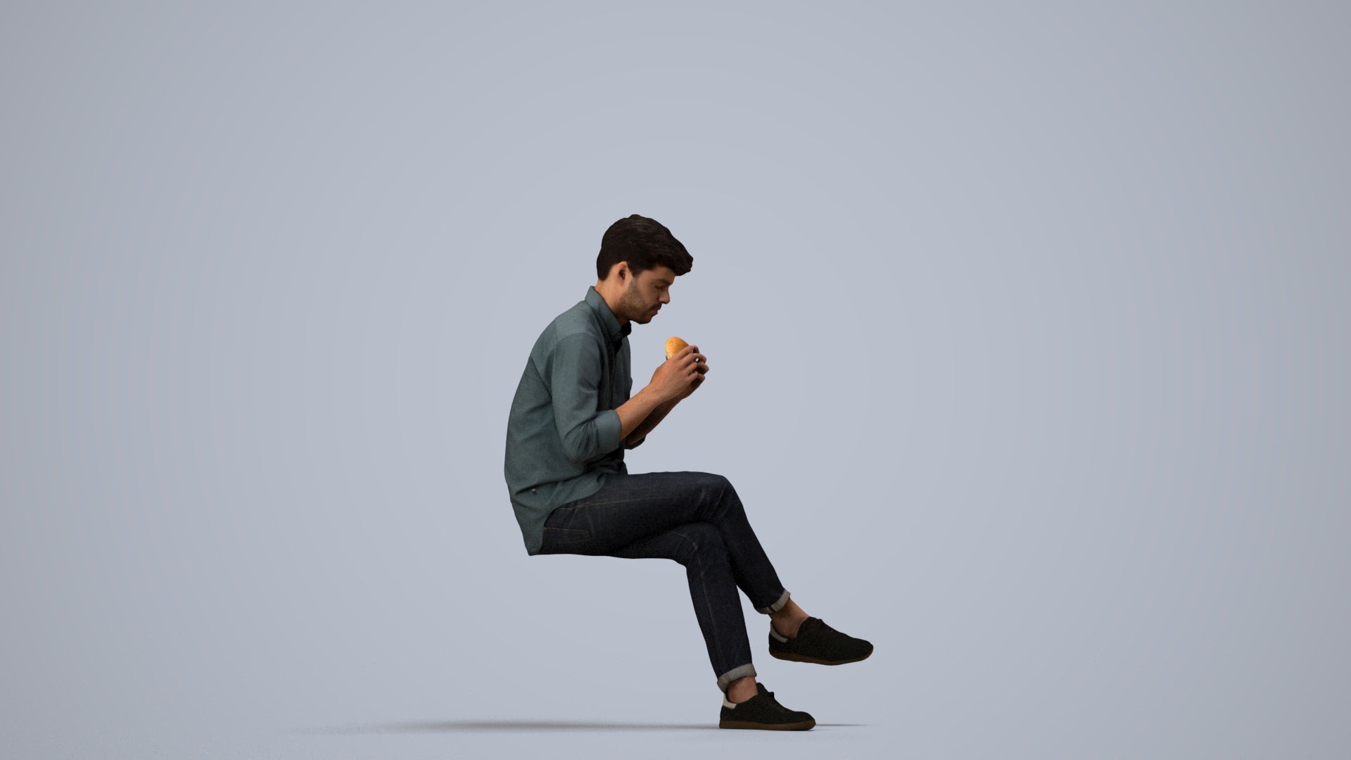 realistic 3D human man casual sitting, archviz people FBX OBJ for Blender, side view render