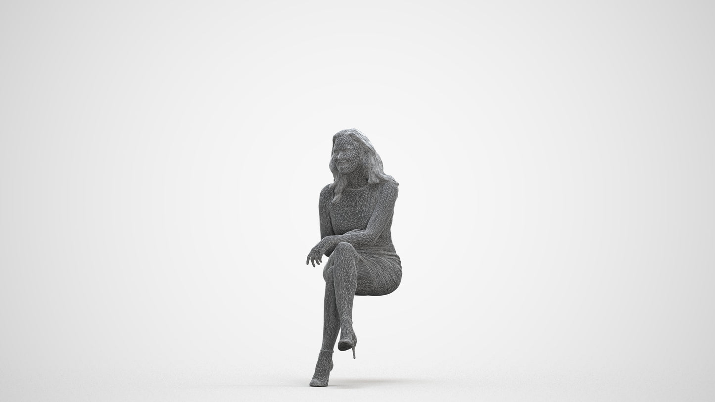 realistic 3D human woman casual sitting, archviz people FBX OBJ for Blender, three-quarter front view render