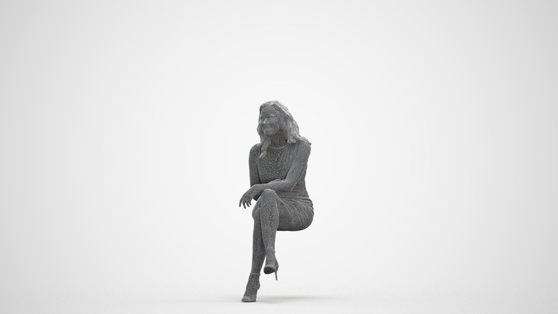 realistic 3D human woman casual sitting, archviz people FBX OBJ for Blender, three-quarter front view render