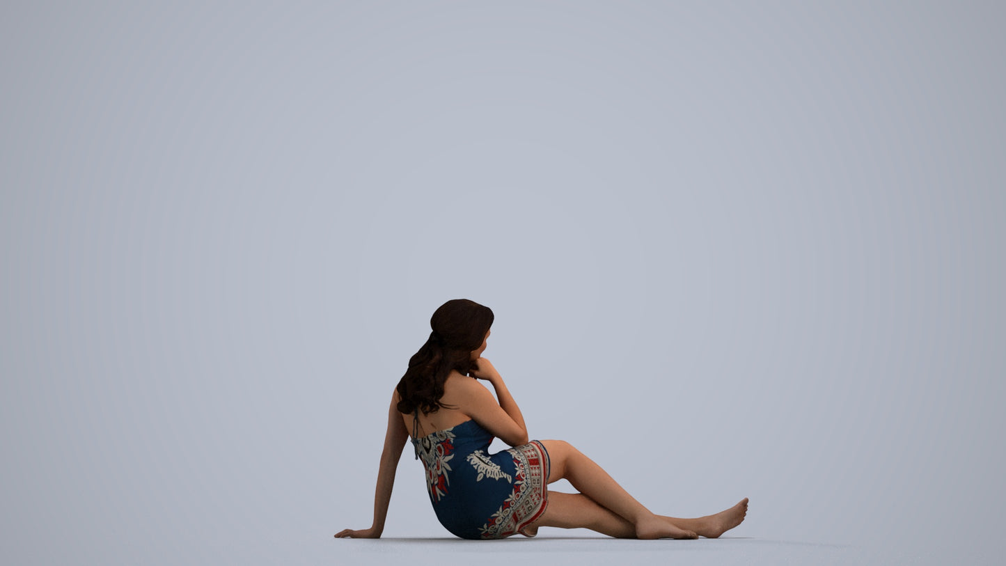 3D human model woman pool, photogrammetry scanned person for archviz, front view render