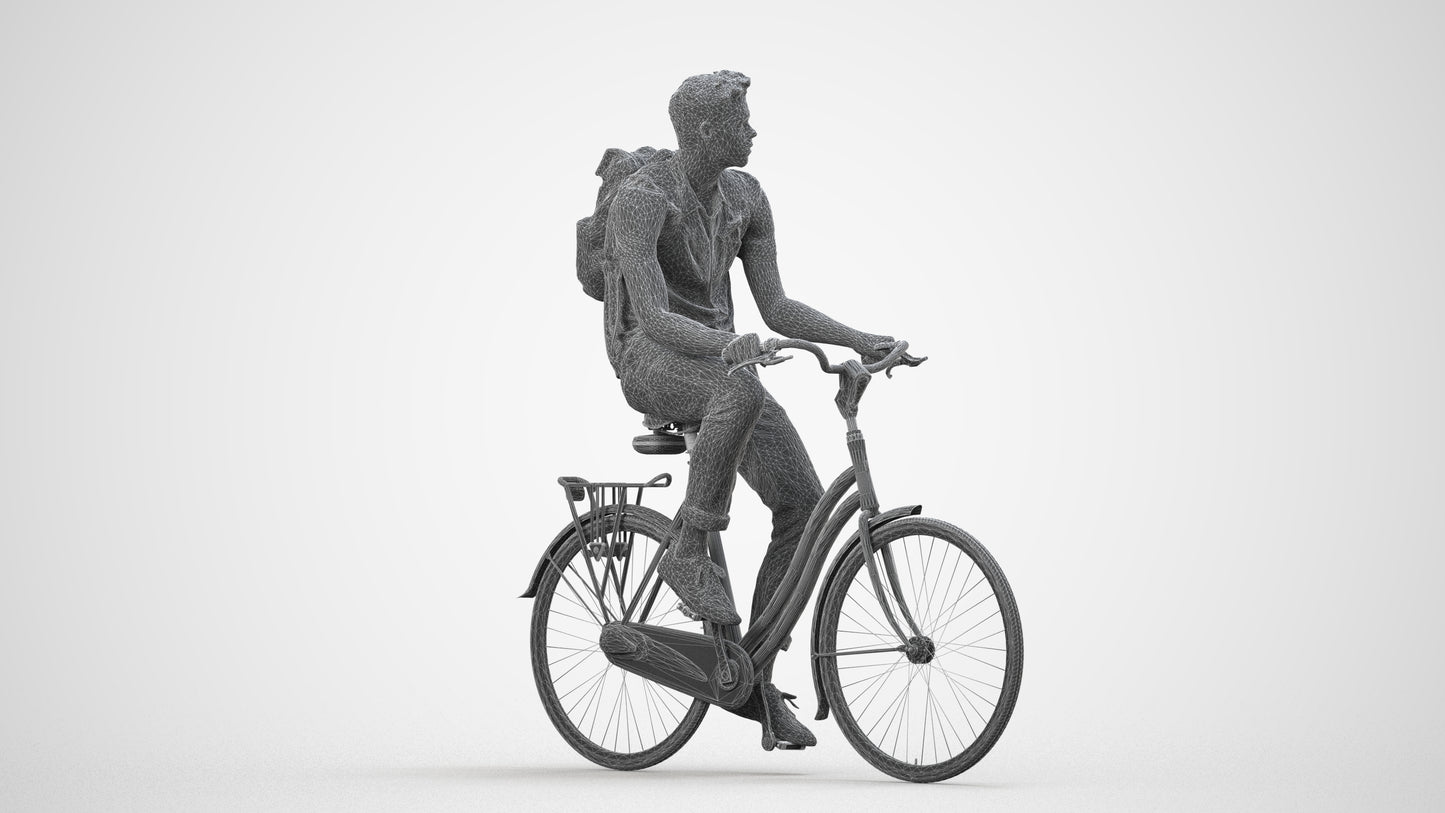 3D people model man casual cycling, scanned human for 3ds Max rendering, wireframe side view