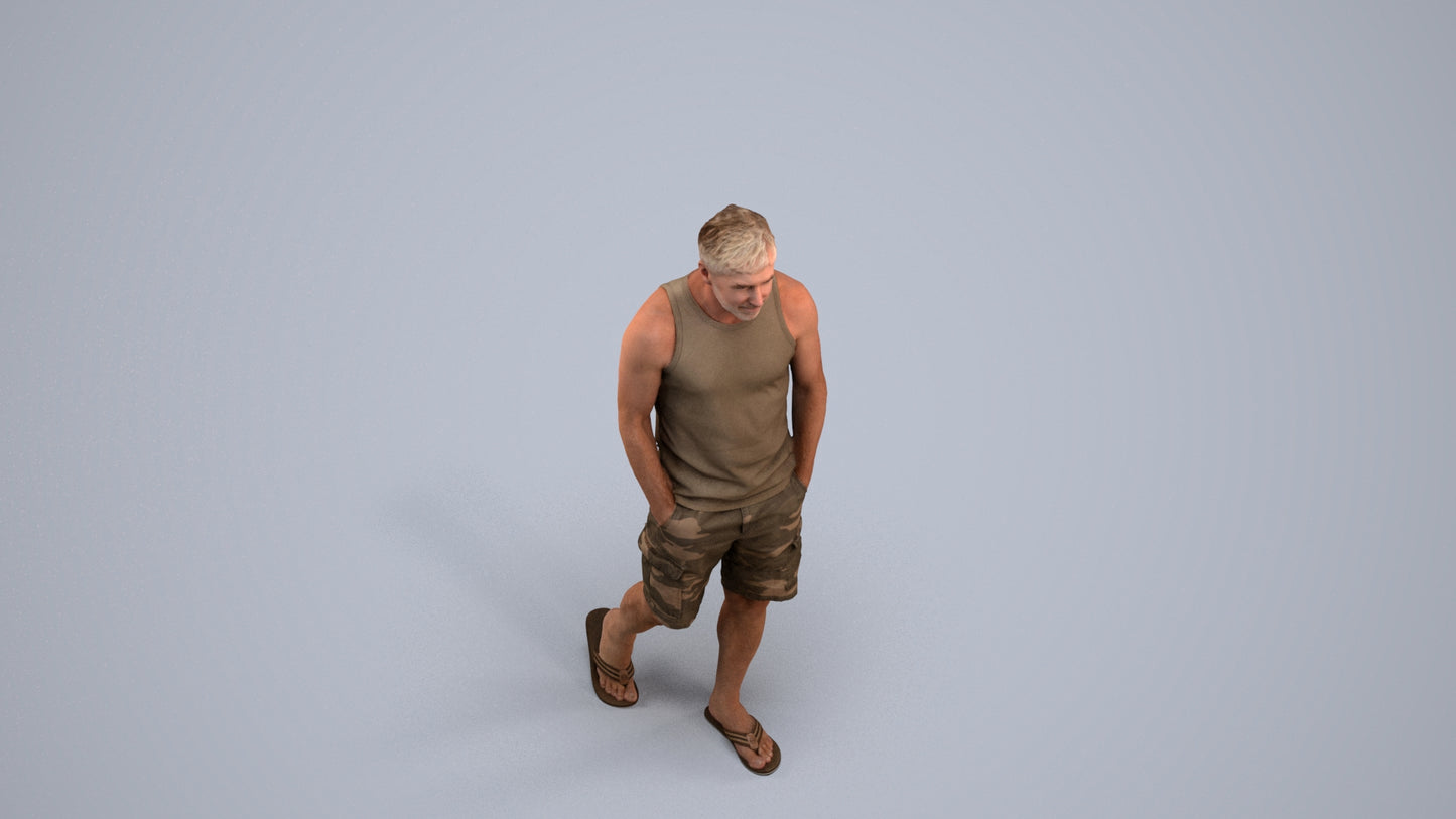 3D human model man casual walking, photogrammetry scanned person for archviz, back view render