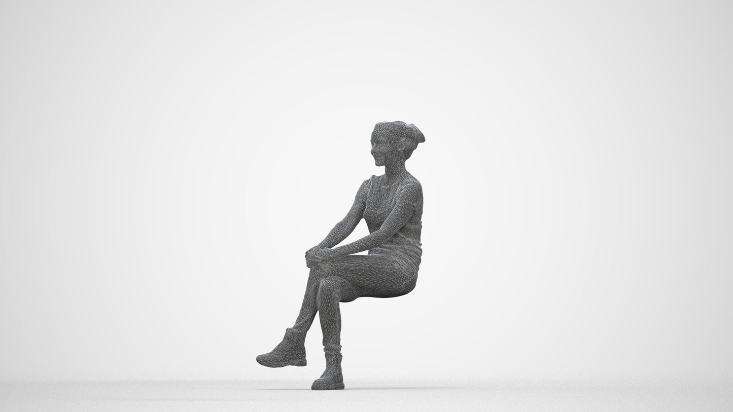 3D human model woman casual sitting, photogrammetry scanned person for archviz, wireframe back view