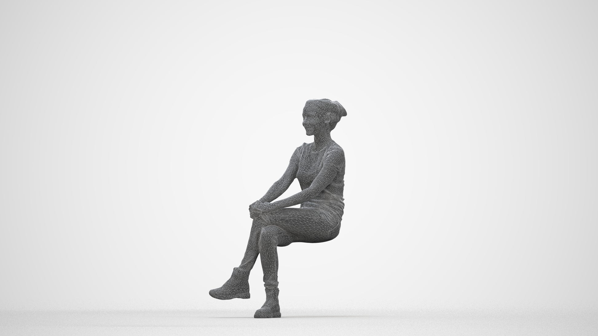 3D human model woman casual sitting, photogrammetry scanned person for archviz, wireframe back view