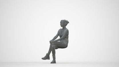 3D human model woman casual sitting, photogrammetry scanned person for archviz, wireframe back view