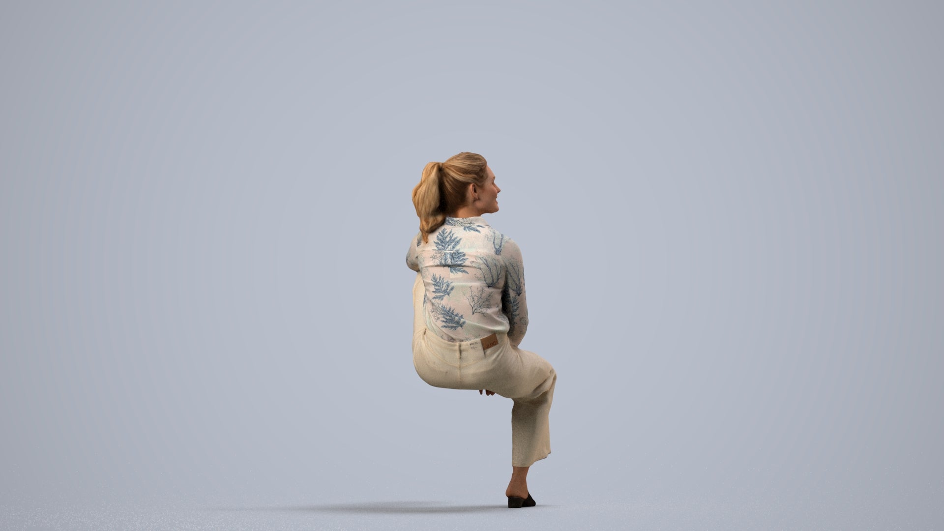 scanned 3D woman casual sitting, photogrammetry people for Enscape and V-Ray, side view render