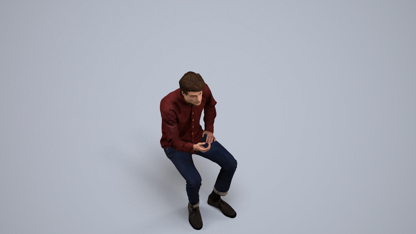 realistic 3D people man casual sitting, render-ready for V-Ray and Corona, FBX OBJ, back view render