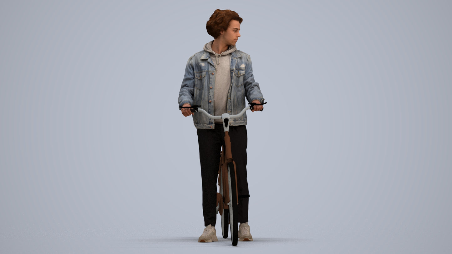 3D human model man casual cycling, photogrammetry scanned person for archviz, standing pose render