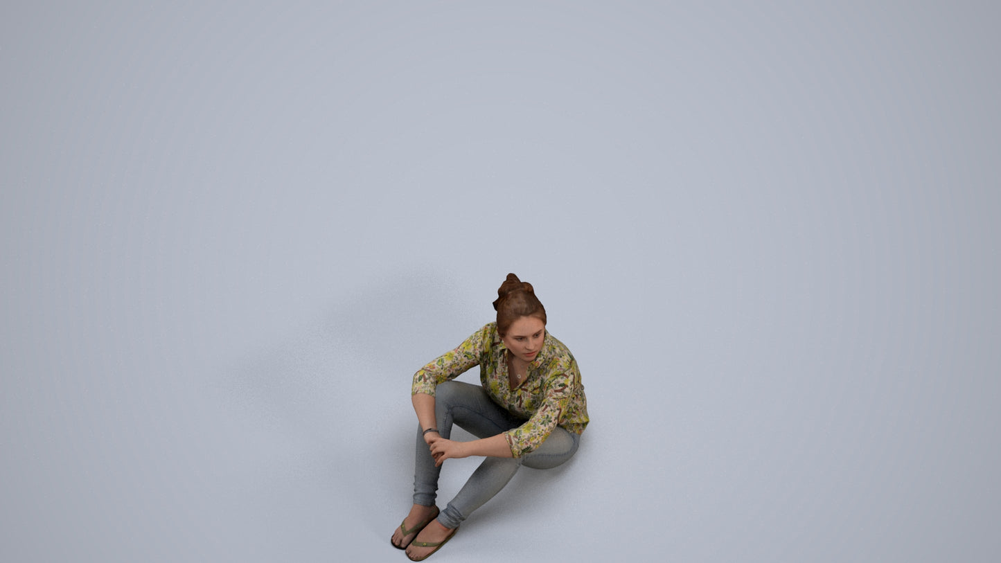 photogrammetry 3D woman casual sitting, realistic human model archviz FBX, back view render