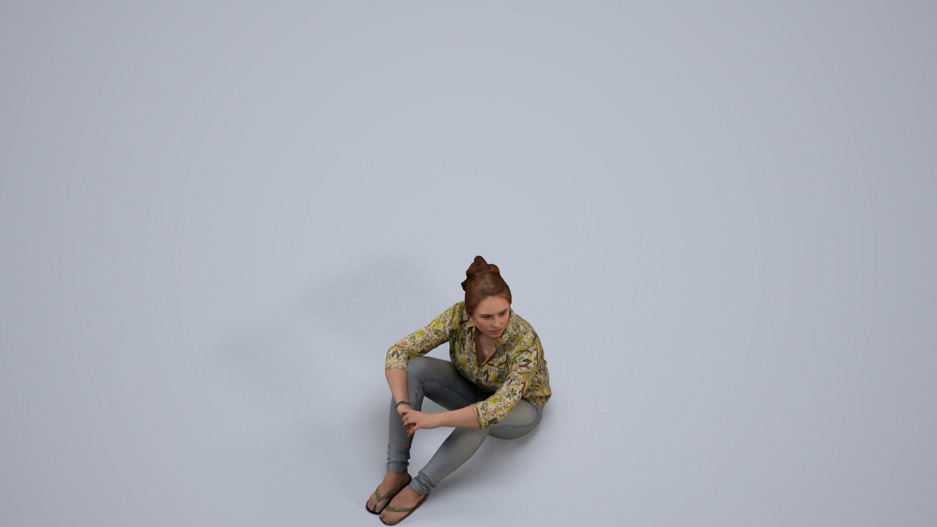 photogrammetry 3D woman casual sitting, realistic human model archviz FBX, back view render