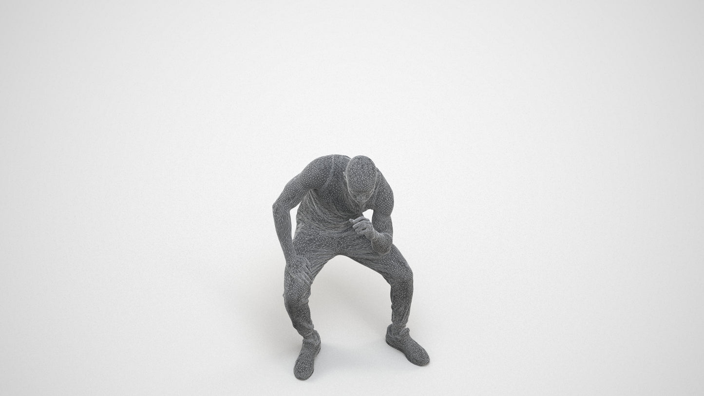 3D human model man casual sitting, photogrammetry scanned person for archviz, wireframe three-quarter view