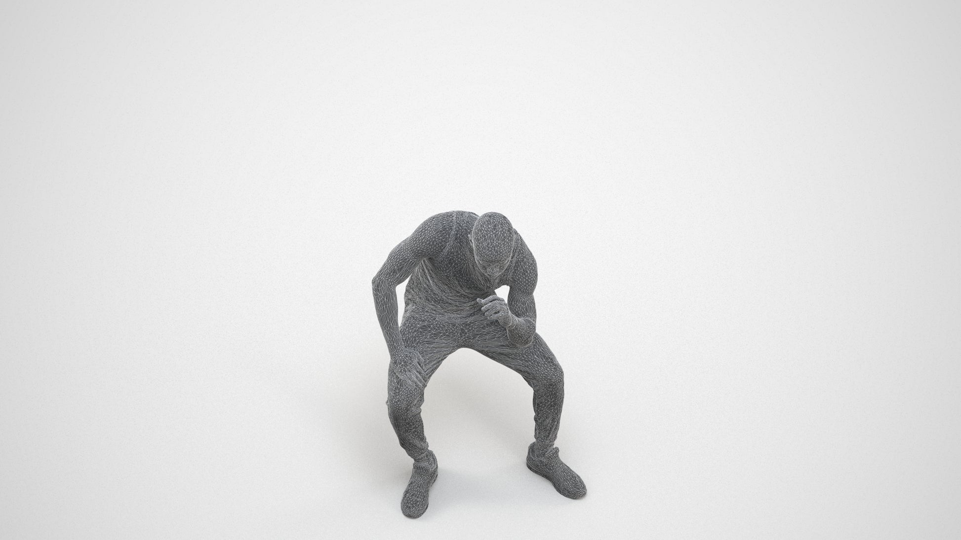 3D human model man casual sitting, photogrammetry scanned person for archviz, wireframe three-quarter view