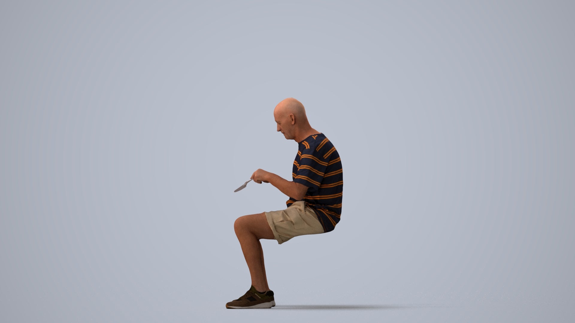 3D scanned senior man sitting casual, photorealistic archviz people for Enscape and SketchUp, three-quarter view render