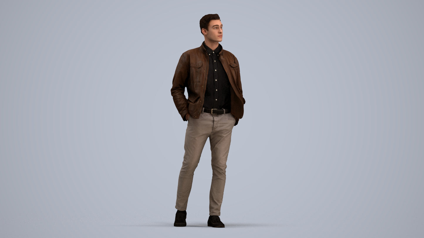 3D human model man casual walking, photogrammetry scanned person for archviz, standing pose render